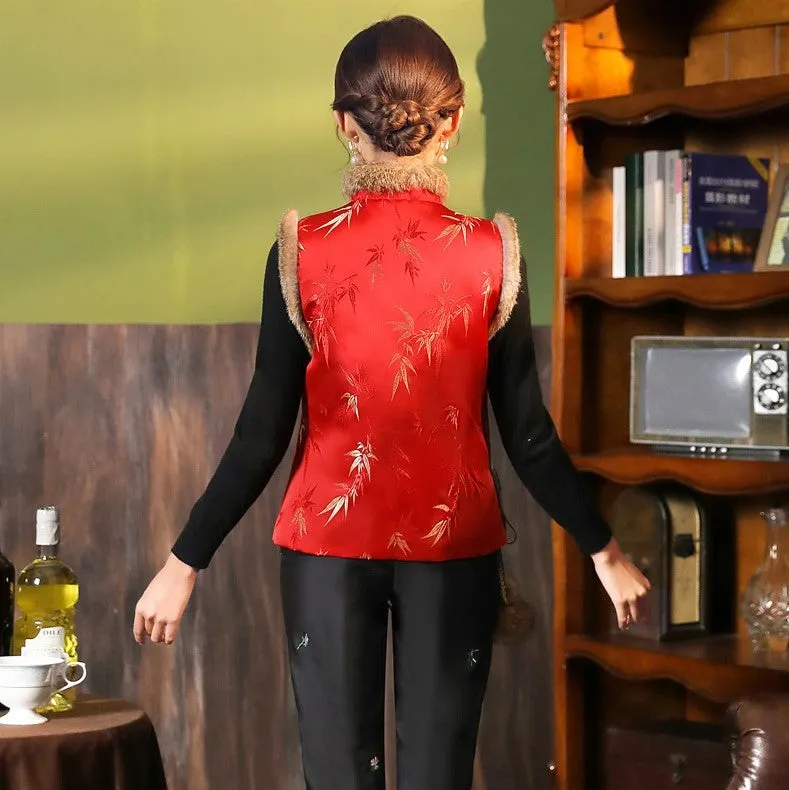 Bamboo Pattern Brocade Fur Collar & Cuff Chinese Style Thick Waistcoat Vest