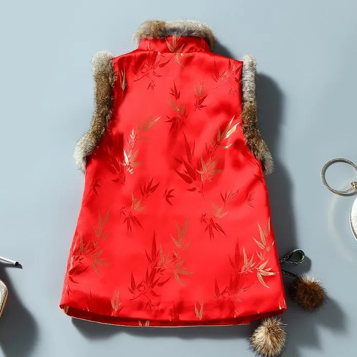 Bamboo Pattern Brocade Fur Collar & Cuff Chinese Style Thick Waistcoat Vest