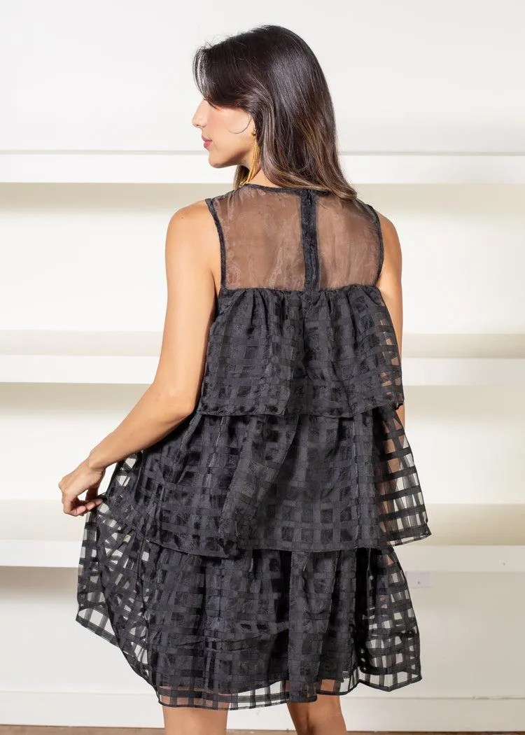 Bella Grid Organza Puff Sleeve Babydoll Minidress ***FINAL SALE***