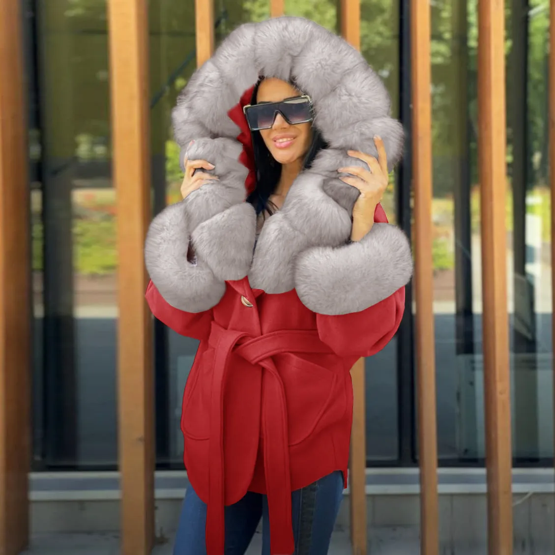 Bubble Faux Fur Tie Waist Front Pocket Coat