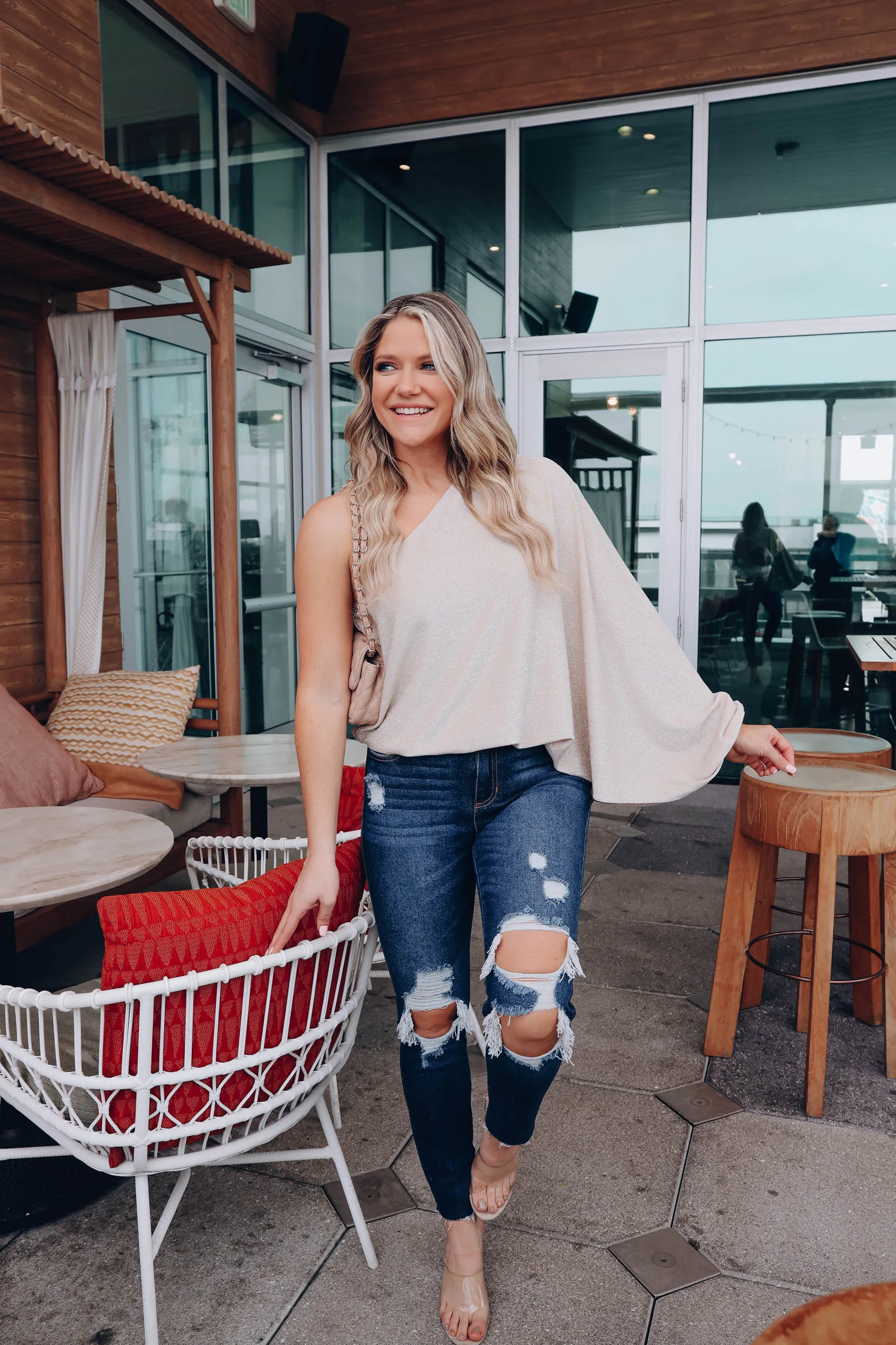 Gabriella One Shoulder Shimmer Top - Beige