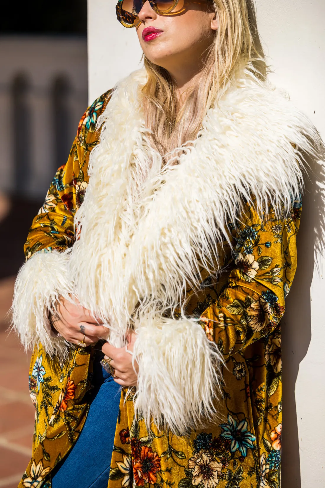 Penny Mustard Velvet Coat Faux Fur XL