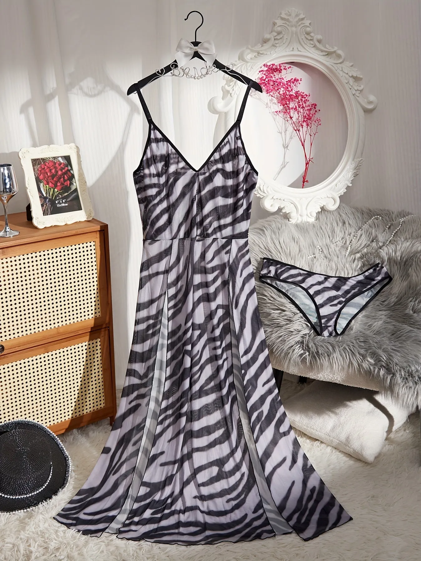 Plus Size Sexy Seductive Elegance Lingerie Split Thigh Long Mesh Babydoll Dress