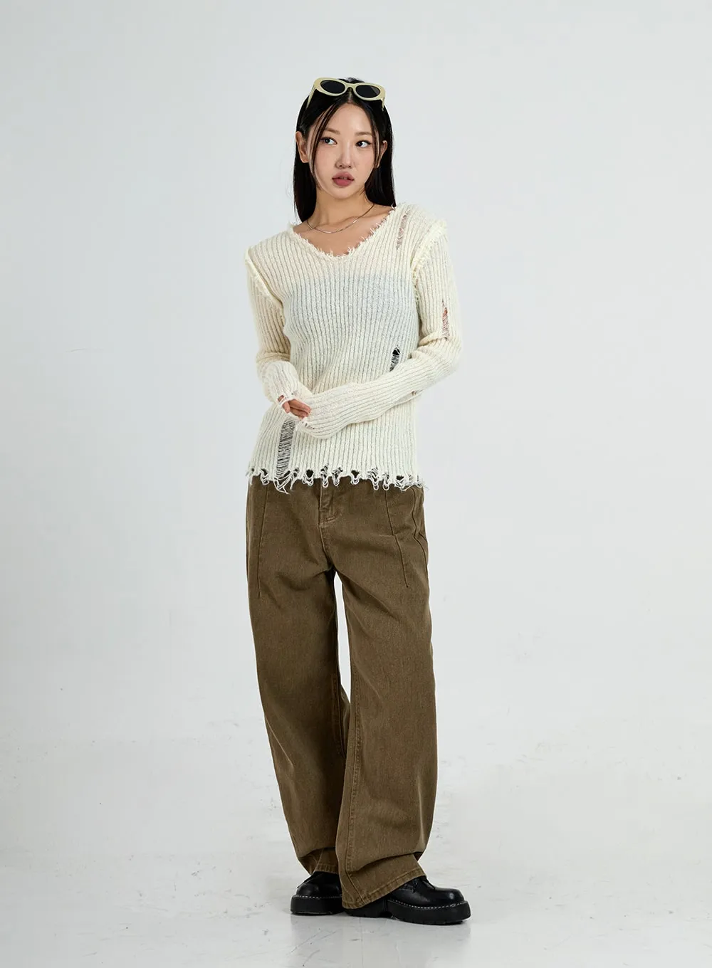 Ripped V-Neck Knit Top CO13