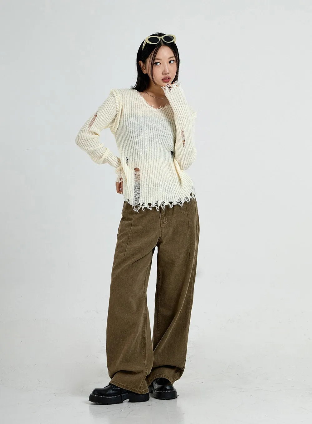 Ripped V-Neck Knit Top CO13