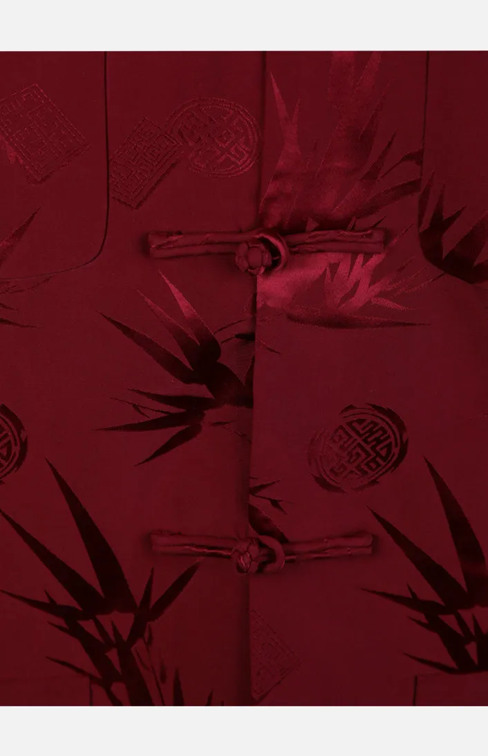 Silk Padded Jacket (Bamboo Leaves Pattern)-Burgundy
