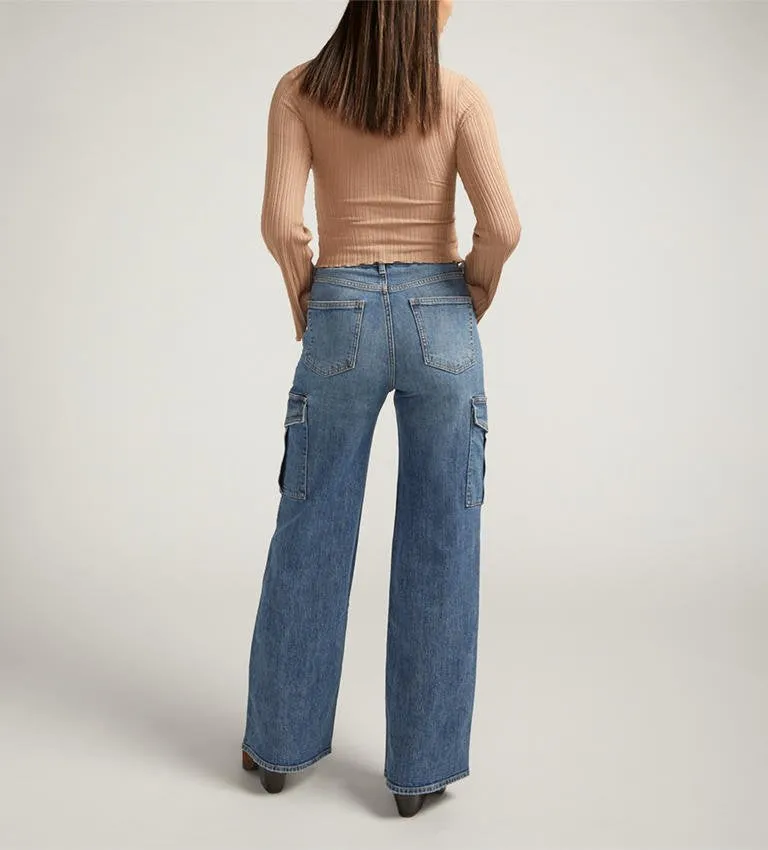 Silver Jeans Ladies Indigo High Rise Denim Cargo Wide Leg Jeans