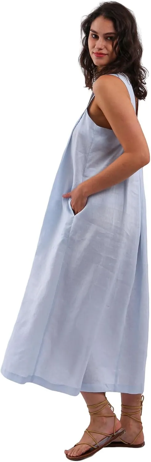 Women's 100% Linen Sleeveless Strap Midi Dresses with Pockets