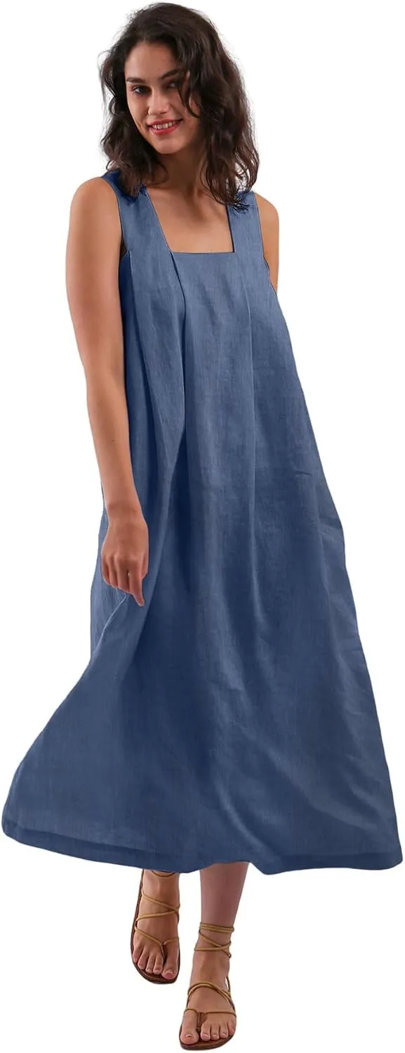 Women's 100% Linen Sleeveless Strap Midi Dresses with Pockets