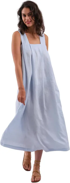 Women's 100% Linen Sleeveless Strap Midi Dresses with Pockets